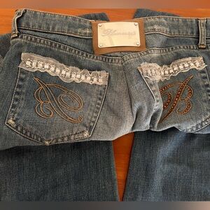 Blumarine Italy Blue Boot Cut Jeans with Embroidery Crystal Sequins Waist 30”